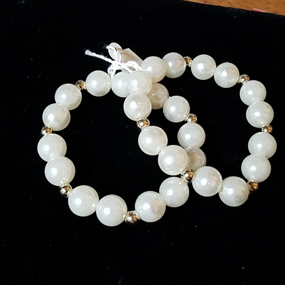 White Beaded w Silver Accent Bead 8" Set of 2